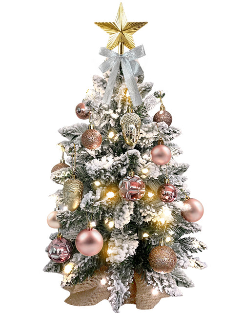 Load image into Gallery viewer, 2Ft Mini Christmas Tree with Light Artificial Small Tabletop Christmas Decoration with Flocked Snow, Exquisite Decor &amp; Xmas Ornaments for Table Top for Home &amp; Office, Rose Gold
