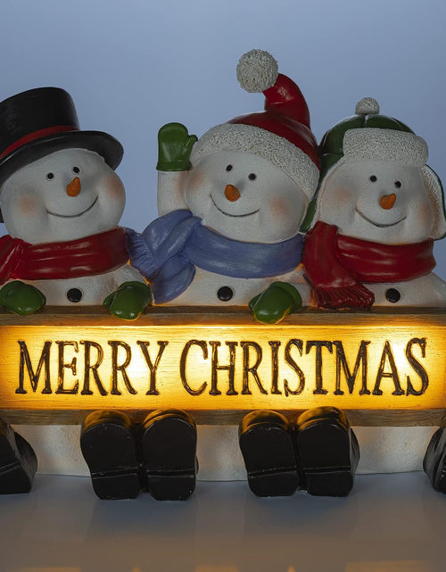 Load image into Gallery viewer, Glowing Merry Christmas Sign Trio LED Snowman Decor Christmas Figurines Resin Lighted Snowman Decorations Holiday Light up Snowman Indoor Festive Fiber Optic Decorations
