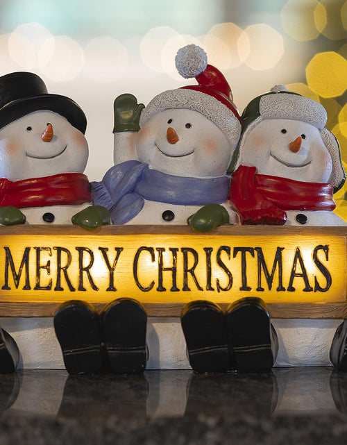 Load image into Gallery viewer, Glowing Merry Christmas Sign Trio LED Snowman Decor Christmas Figurines Resin Lighted Snowman Decorations Holiday Light up Snowman Indoor Festive Fiber Optic Decorations
