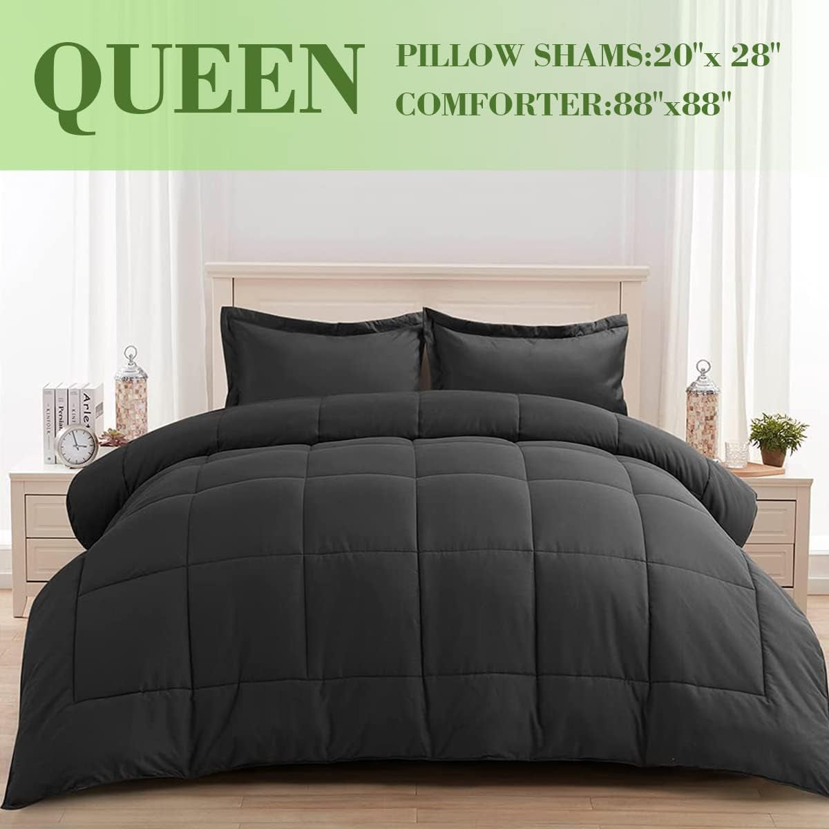 Grey 1-Queen Comforter Set with 2 Pillow Shams, down Alternative, Diamond Quilting, Machine Washable