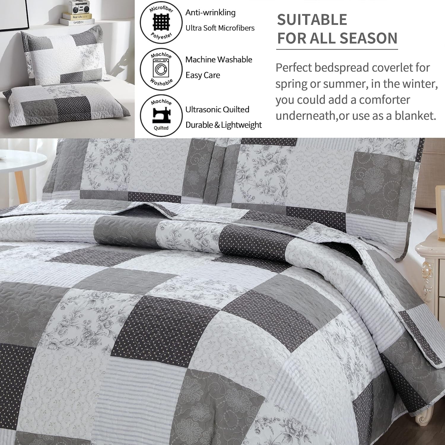 Quilt Set King Floral Bedspread Coverlet Plaid Patchwork Quilt Bedding Morden Lightweight Bedspread Reversible Home Quilts Grey Paisley Floral Quilt Bedspread Black White Plaid Quilt