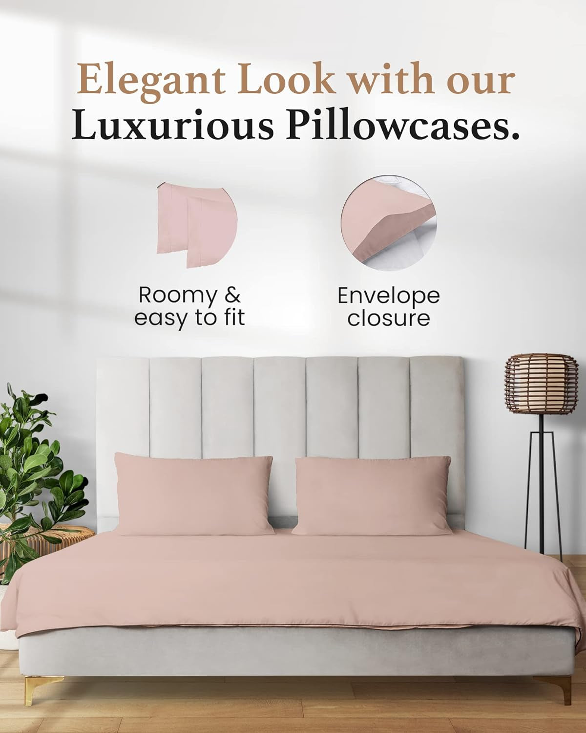 1000 TC Blush Standard Pillowcases Set of 2 100% Egyptian Cotton Pillow Cases with Long Staple Cotton & Sateen Weave, Silky Soft Hotel - like Bed Pillow Covers for Comfy Sleeping, Snug Fit