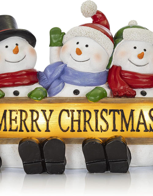 Load image into Gallery viewer, Glowing Merry Christmas Sign Trio LED Snowman Decor Christmas Figurines Resin Lighted Snowman Decorations Holiday Light up Snowman Indoor Festive Fiber Optic Decorations
