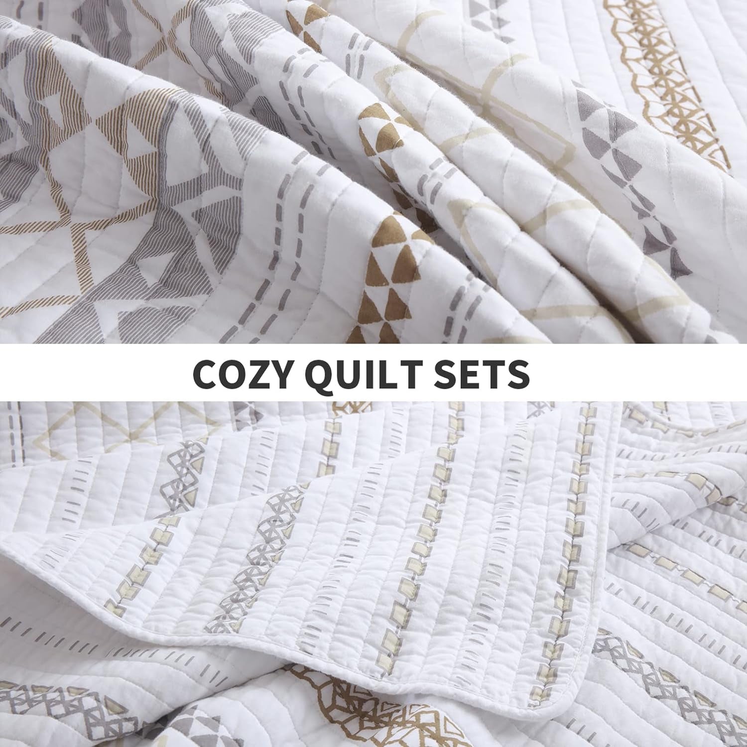 100% Cotton Quilt Queen Size - 3 Pieces Boho Striped Lightweight Soft Breathable Beige Gray White Bedding Set with 2 Shams, Bohemian Pattern Printed Bedspread/Coverlet/Comforter for All Season