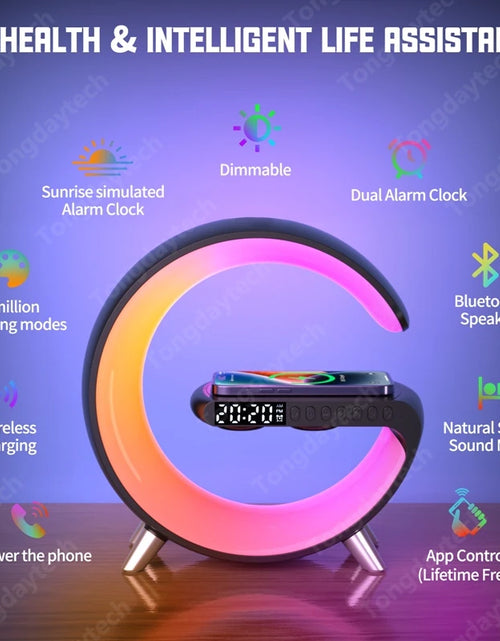 Load image into Gallery viewer, Multifunctional Wireless Charger Alarm Clock Speaker APP Control RGB Night Light Charging Station for Iphone 11 12 13 14 Samsung
