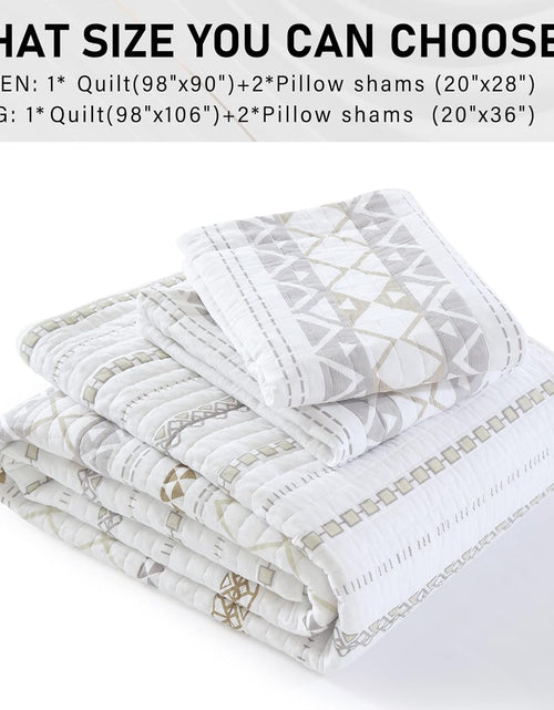 Load image into Gallery viewer, 100% Cotton Quilt Queen Size - 3 Pieces Boho Striped Lightweight Soft Breathable Beige Gray White Bedding Set with 2 Shams, Bohemian Pattern Printed Bedspread/Coverlet/Comforter for All Season
