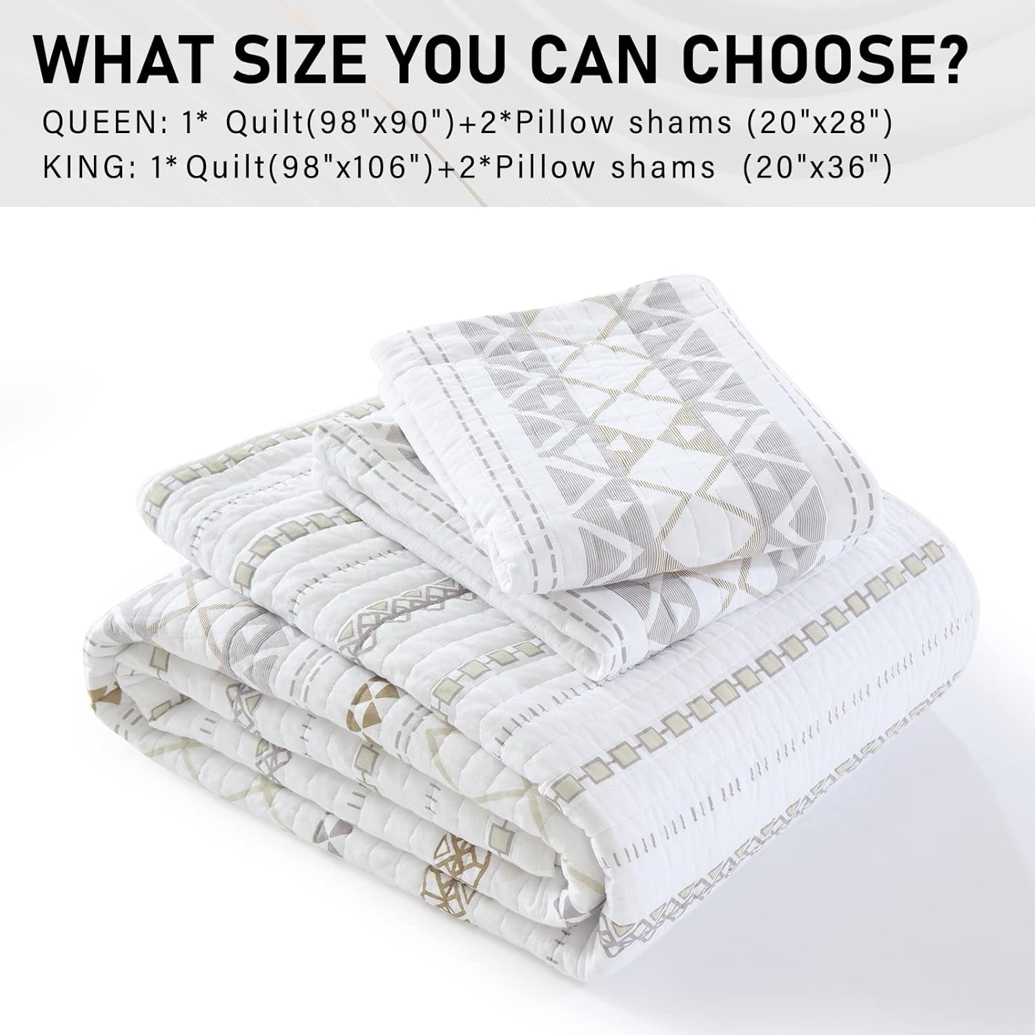 100% Cotton Quilt Queen Size - 3 Pieces Boho Striped Lightweight Soft Breathable Beige Gray White Bedding Set with 2 Shams, Bohemian Pattern Printed Bedspread/Coverlet/Comforter for All Season