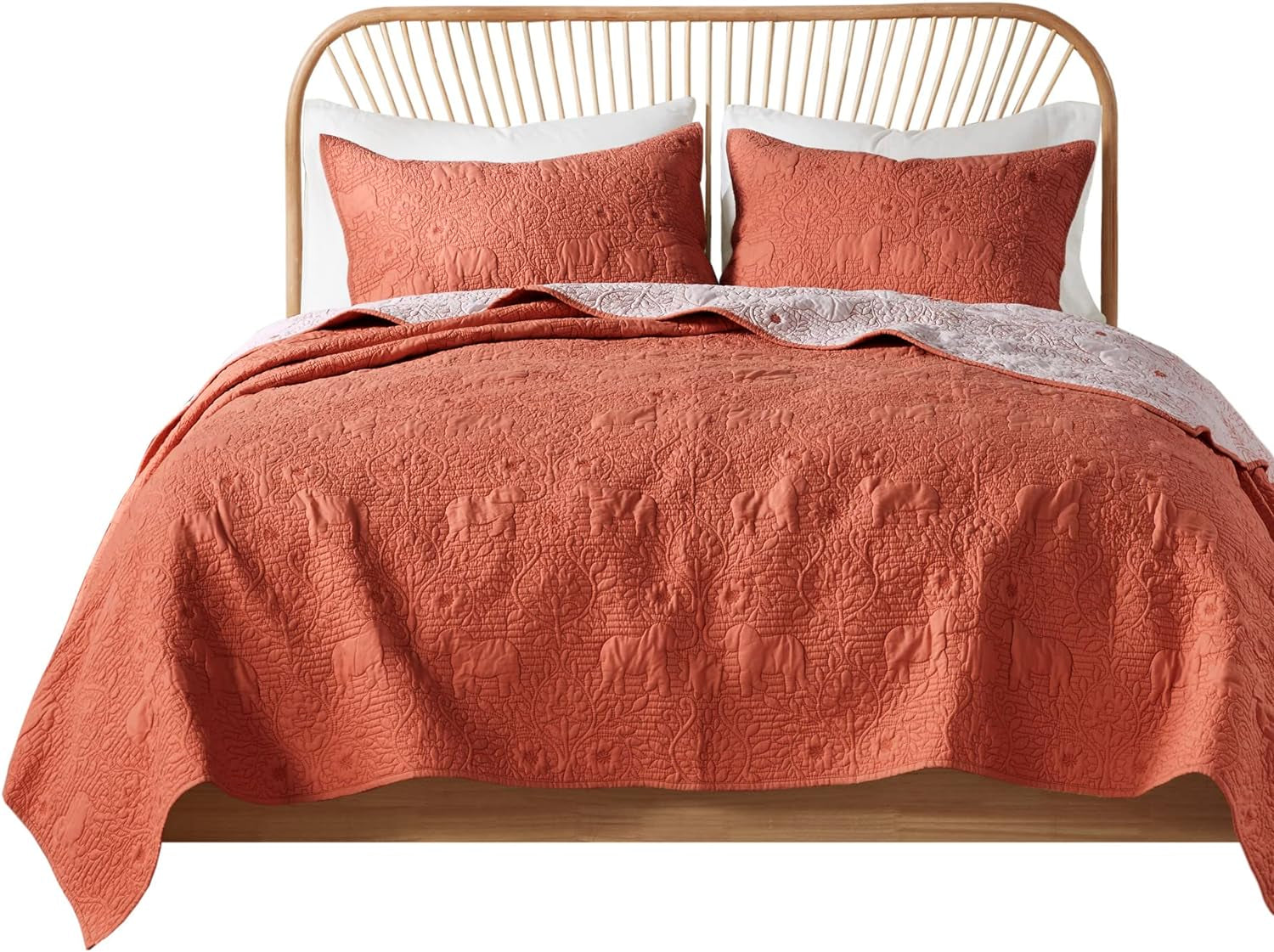 Kandula King/Cal King Size Quilt Bedding Set - Dark Orange , Quilted Floral, Elephants – 3 Piece Bedding Quilt Coverlets – 100% Cotton Percale Bed Quilts Quilted Coverlet